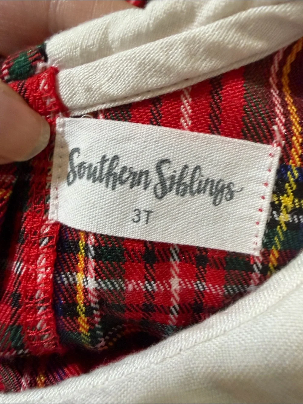 Southern Siblings Tartan Plaid Holiday 3T  White Bib linen Collar embroidered S